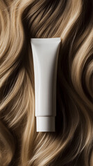 White shampoo tube on long blonde hair, simple background and close-up on top. The composition is minimalistic and the color palette is clean.