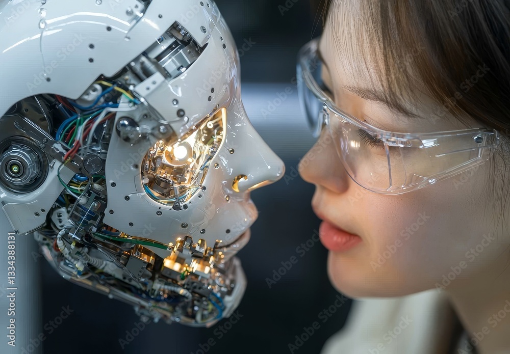 Aufkleber a young engineer using a tablet pc to inspect a robotic arm in an industrial setting.