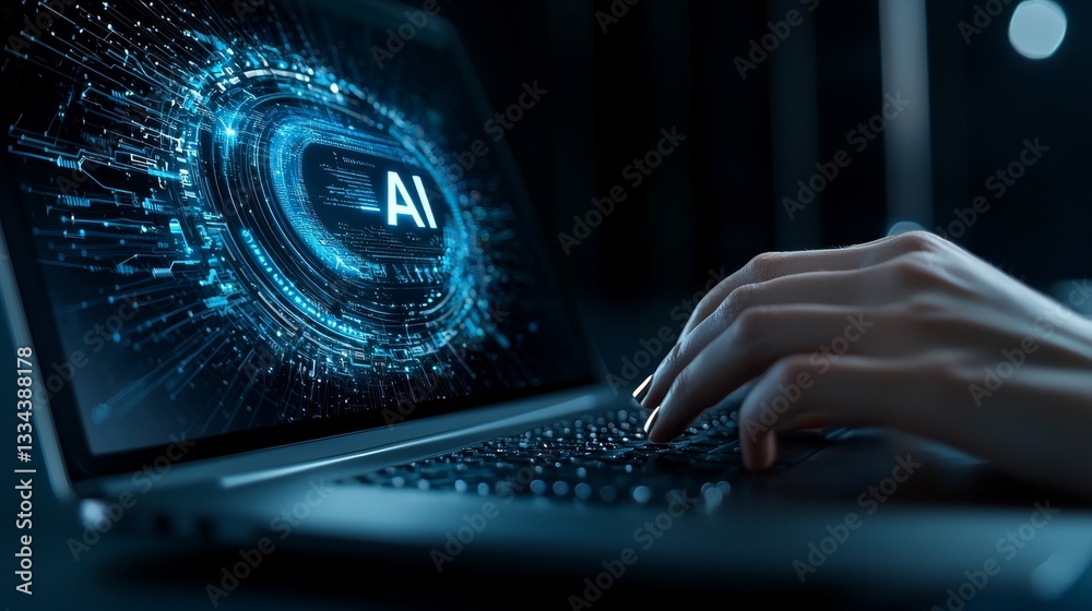 Poster A businessman interacts with a digital chatbot application, showcasing futuristic technology by inputting commands for stock updates.