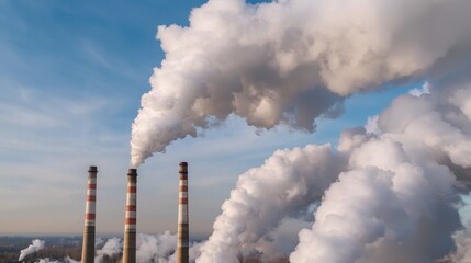 PM2.5 Air Pollution Concept, Industrial Factory Complex with Tall Chimneys Releasing Thick Smoke into the Blue Sky