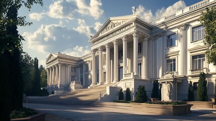 Obraz premium Grand classical building facade with columns and ornate detail on a sunny day