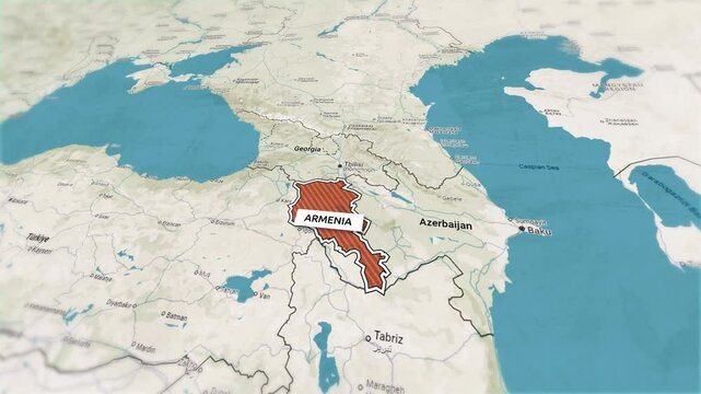 Borders of the state of  Armenia on the map. Country Armenia on the map is highlighted by a polygonal border. From above zooming in with panoramic view