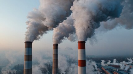 PM2.5 Air Pollution Concept, Smoke Billowing From Industrial Chimneys Over Polluted Park Landscape at Sunset