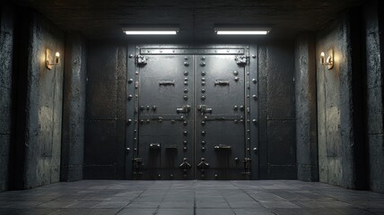 Dark Corridor with Large Metal Doors and Fluorescent Lighting
