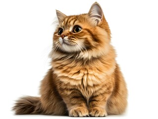 Fototapeta premium An adorable ginger longhair cat sits against a pristine white background looking attentively to its left side.