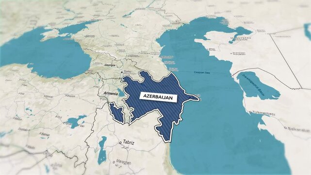 Borders of the state of  Azerbaijan on the map. Country Azerbaijan on the map is highlighted by a polygonal border. From above zooming in with panoramic view