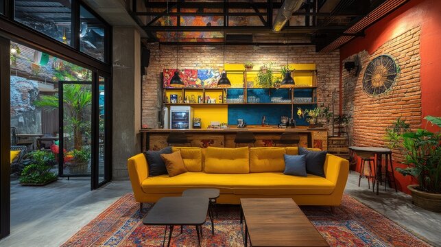 Boutique hotel lobby with an inviting color palette, artistic wall decor, and cozy furniture.