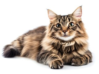 A beautiful longhaired tabby cat lies down on a white background looking directly at the camera with curious eyes.