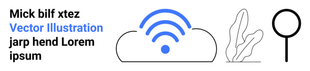 Cloud emitting wireless signals in blue, magnifying glass, abstract plant. Ideal for technology, internet, network search, analysis, connectivity, exploration simple landing page