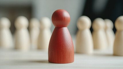 red wooden figure stands out among beige wooden figures, symbolizing leadership and individuality