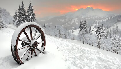 Fototapeta premium An old wagon wheel rests in a snowy winter landscape setting