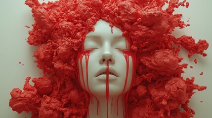 Surreal Red Sculpture with Fluid Texture and Dramatic Expression Captivating the Viewer