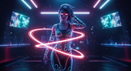 Neon Dancer Portrait with Glowing Ribbon