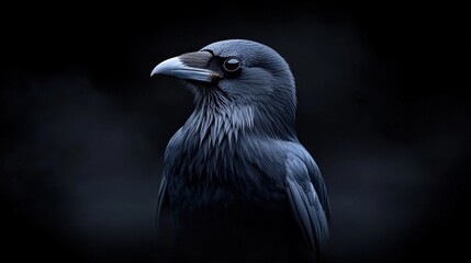 Majestic Raven with Iridescent Feathers Against Dark Background in Dramatic Lighting