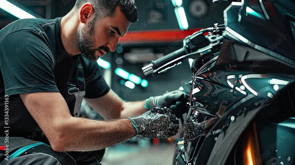 Poster Mechanic performs detailed maintenance on motorcycle in workshop during evening hours to ensure optimal performance