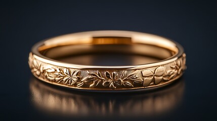 Golden Floral Engraved Ring A Timeless Elegant Ornament with Botanical Motifs and Reflective Surface