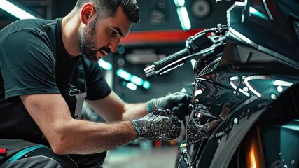 Mechanic performs detailed maintenance on motorcycle in workshop during evening hours to ensure optimal performance