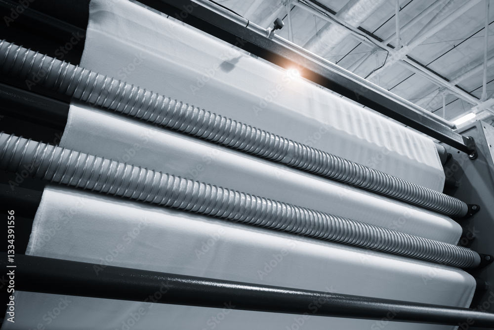 Leinwandbilder A roll of white fabric is being made in a factory. rolls are stacked on top of each other, and  process is automated. Concept of efficiency and precision