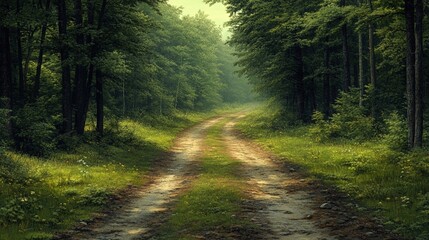 Serene Forest Pathway Through Lush Green Trees in Soft Morning Light and Misty Atmosphere