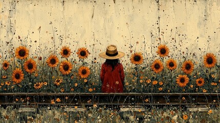 Woman in Red Dress Sitting Among Sunflowers with Rustic Wall in Background