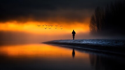 A solitary figure walks along a misty shore at sunset, with birds flying in the background, creating a serene and contemplative atmosphere.