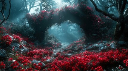 Enchanted Forest Pathway with Vibrant Red Flowers and Ethereal Light Rays Breaking Through Trees