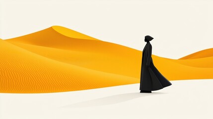 Mysterious figure walking through serene desert landscape with vibrant sand dunes