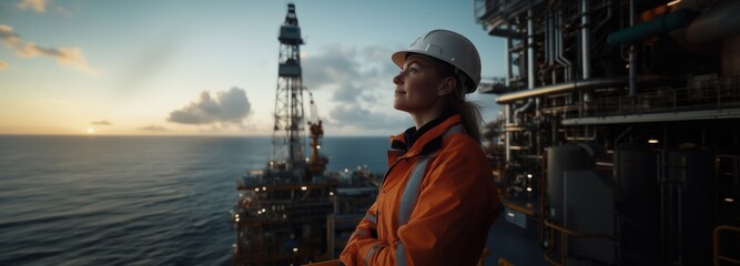Offshore oil rig worker at sunset sea portrait industrial thoughtful