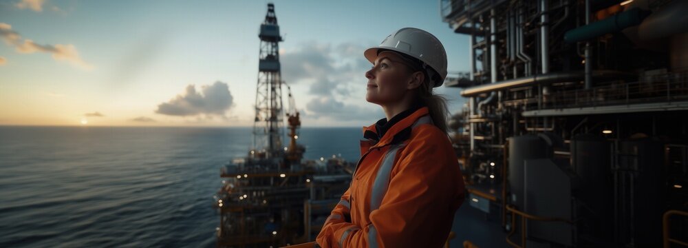 Offshore oil rig worker at sunset sea portrait industrial thoughtful