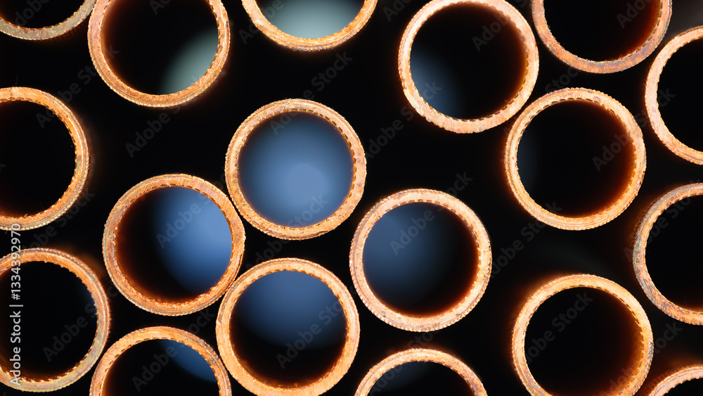 Poster a row of pipes with a brownish color. the pipes are stacked on top of each other. industrial concept