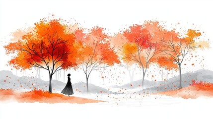 Serene Autumn Landscape with Silhouette of Woman Walking Among Colorful Orange Trees