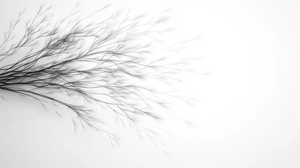 A delicate, monochromatic branch with fine twigs, creating a minimalist aesthetic against a blank background.