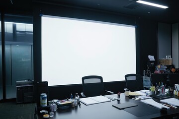 Modern Office Conference Room with Blank Presentation Screen Mockup