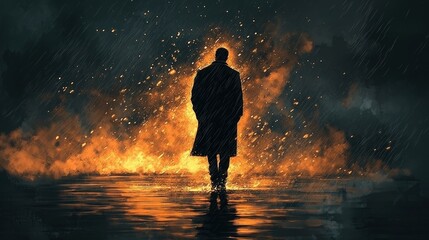 Dramatic Silhouette of a Figure Walking Through Rain with Fiery Background in Dark Atmosphere