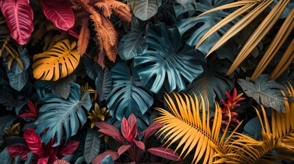 Brightly colored tropical plants arranged on a black wall in a minimalistic composition