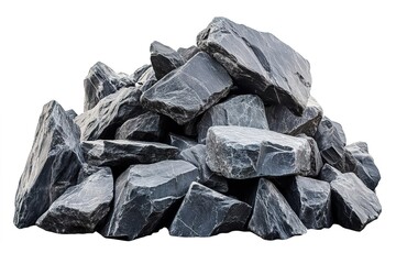 Realistic Pile of Dark Grey Stones, Rough Texture Rocks, Isolated on White Background