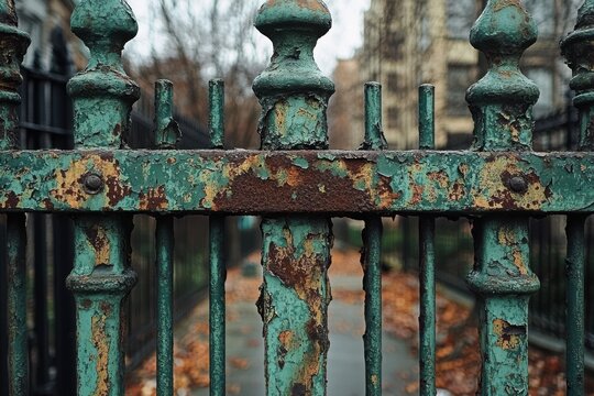 Rusted green metal fence autumn leaves background
