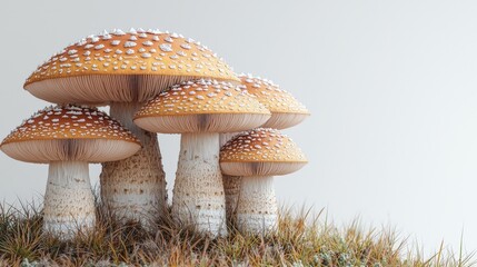 Group of Vibrant Mushrooms with Orange Caps and White Spots on a Forest Floor in Soft Light
