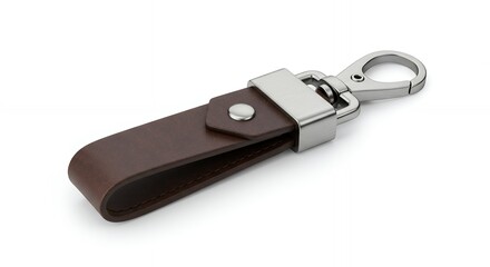 Elegant Brown Leather Keychain with Silver Clasp on White Background