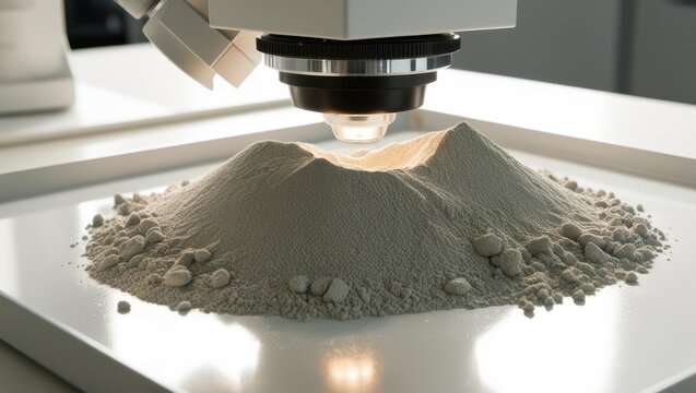 Scientist Conducting Analysis Of Cement Powder Sample Under Microscope In Laboratory. Gray Granular Concrete Material On Tray For Scientific Research, Construction Quality Control, Engineering Tests.