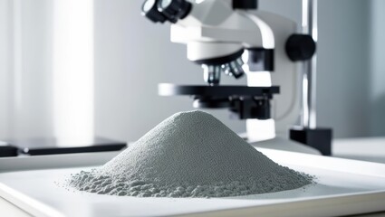 Scientist Conducting Analysis Of Cement Powder Sample Under Microscope In Laboratory. Gray Granular Concrete Material On Tray For Scientific Research, Construction Quality Control, Engineering Tests.