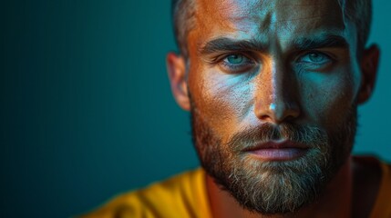 Obraz premium Casual Young Man with Side Shave Standing on Dark Turquoise Background Portrait