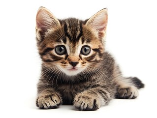 Fototapeta premium An adorable tabby kitten with big eyes lies on a white background looking directly at the camera in a cute pose.