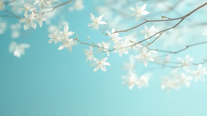 Fototapeta premium White Blossoms on Branches Against a Teal Sky