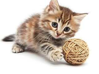 An adorable brown tabby kitten playfully paws a tan yarn ball on a pristine white background.