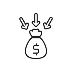 income stream icon. Money bag with downward arrow, suitable for financial crisis, economic recession, investment loss, budget cuts, and downtrend concept.