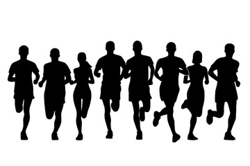 Silhouette of crowd of young people running, morning jogging, isolated icon on white background.