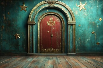 Fototapeta premium Antique Red Door in Teal Room with Gold Stars; Vintage Interior Design Background