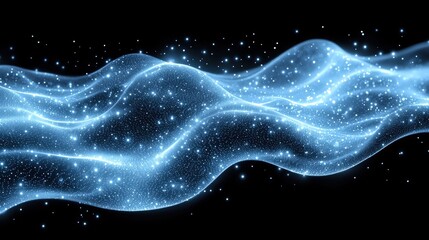 Ethereal Blue Waves of Light with Sparkling Particles on a Black Background