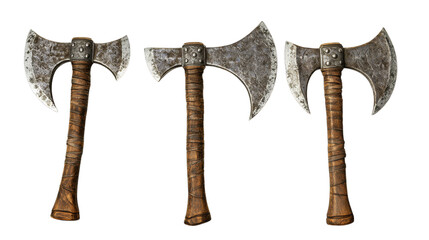 Set of three rusty double-headed axes with wooden handles